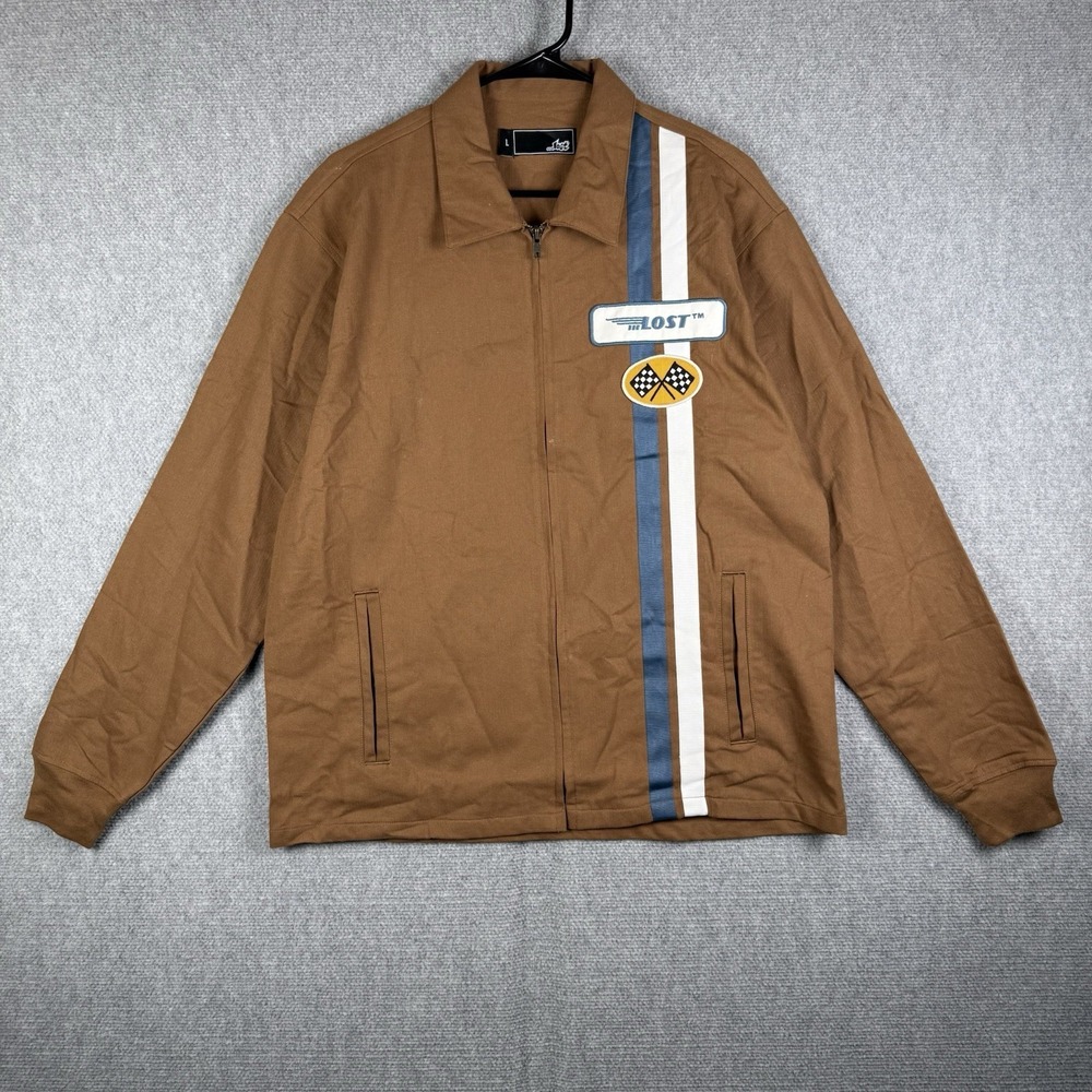 Lost Enterprises Jacket Men's Size Large Brown Canvas Work Racing Stripe Y2K